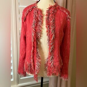 Nic + Zoe peach cardigan with black & white stitching and fringe size PM